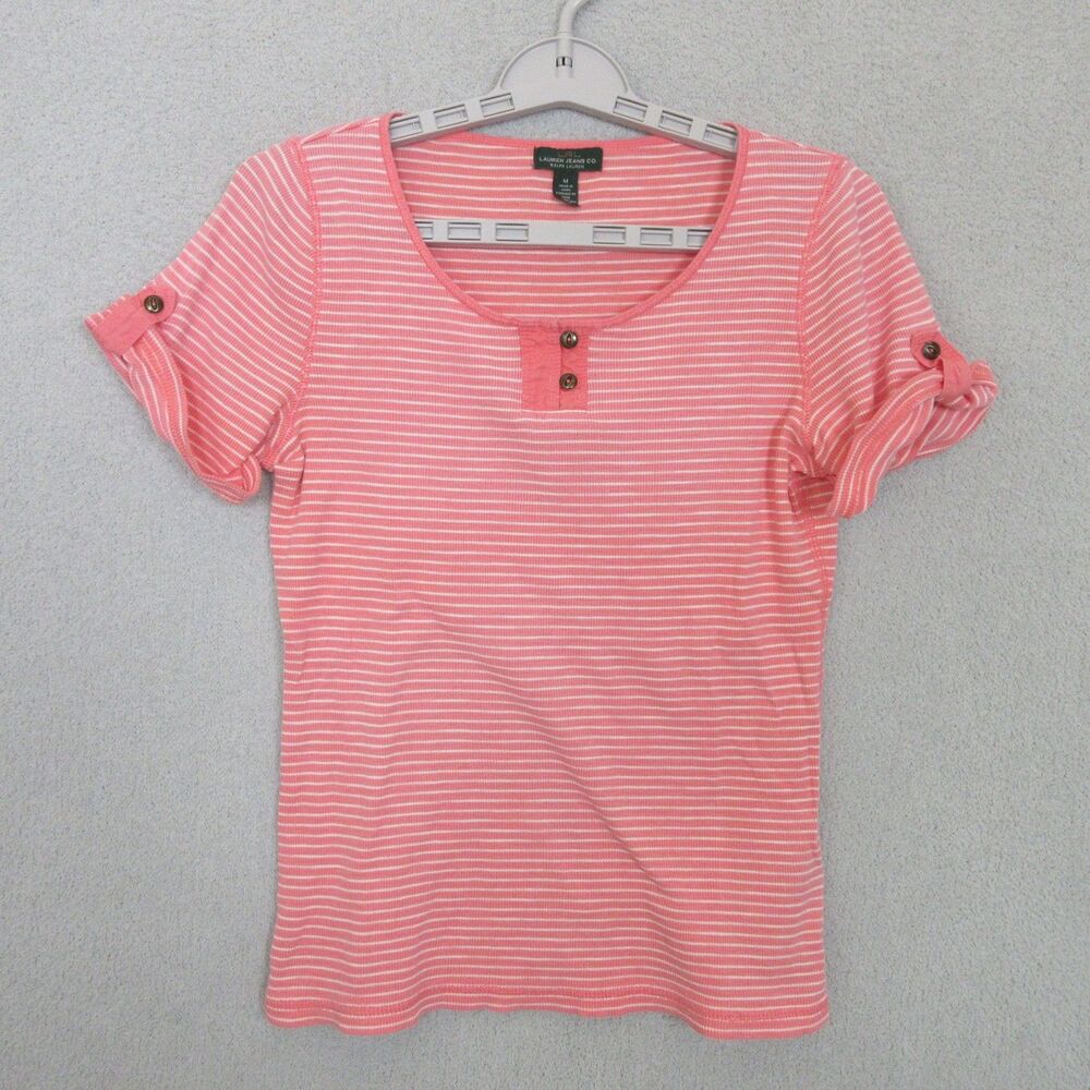 Lauren Jeans Co Ralph Lauren Top Womens M Coral Stripe Short Sleeve Scoop Neck
